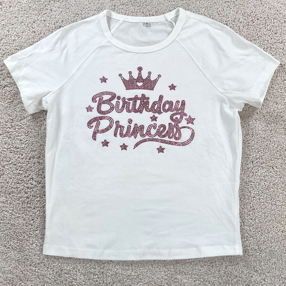 Birthday Princess White Rhinestone‎ Raglan T-Shirt Kids Size M Pink Graphic Tee